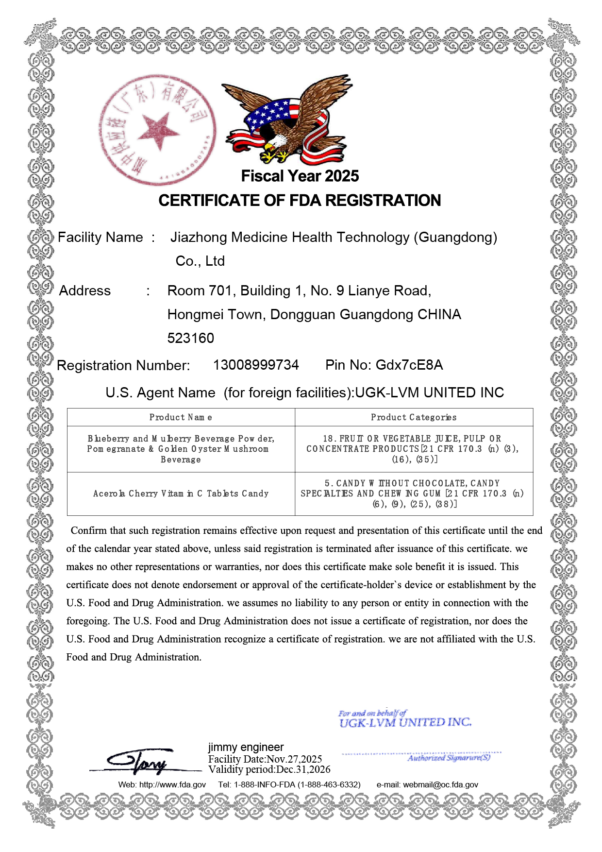 FDA registration certificate